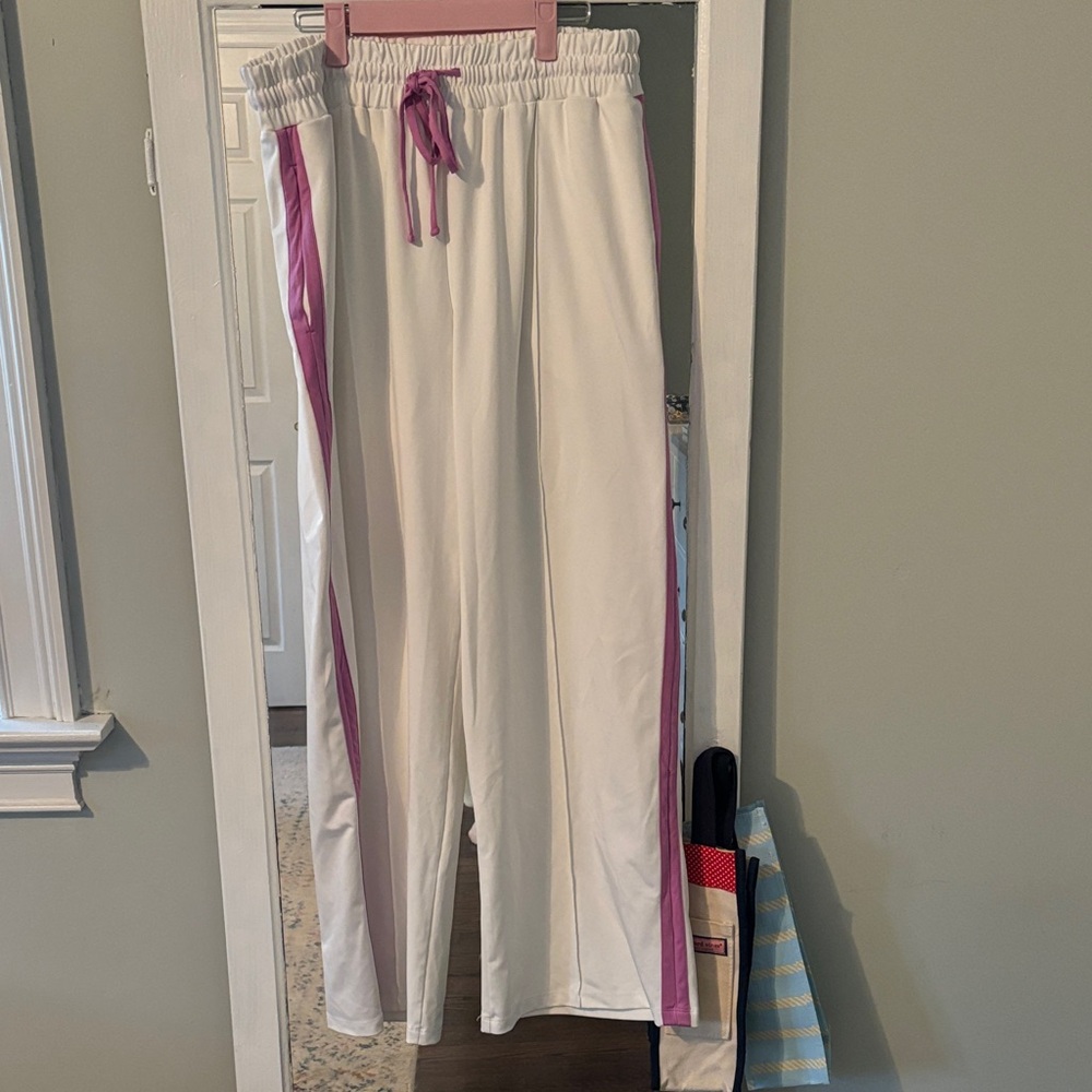 White Wide-Leg Track Pants with Pink Side Stripe